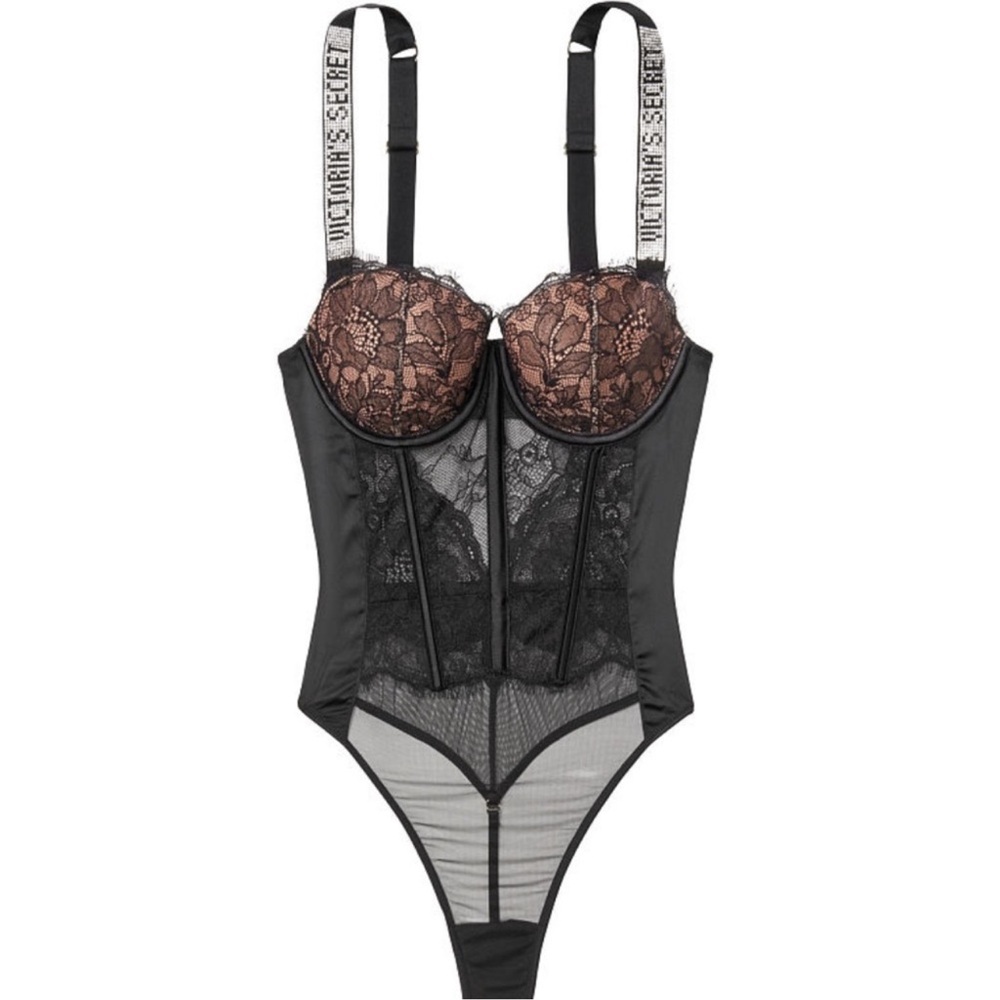 Victoria's Secret Very Sexy Lightly Lined Logo Shine Strap Lace Teddy Bodysuit